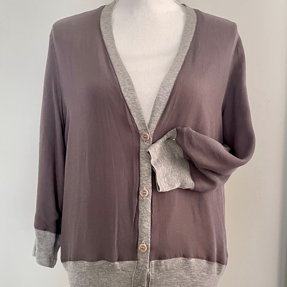 Clu Gray Silk Banded Button Front Cardigan